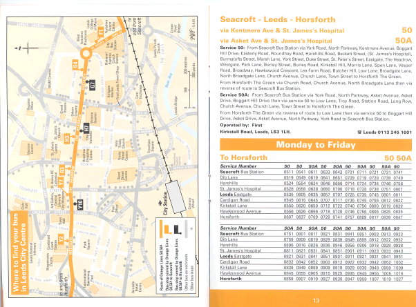 Map showing route 50 in the city centre and timetable sample
